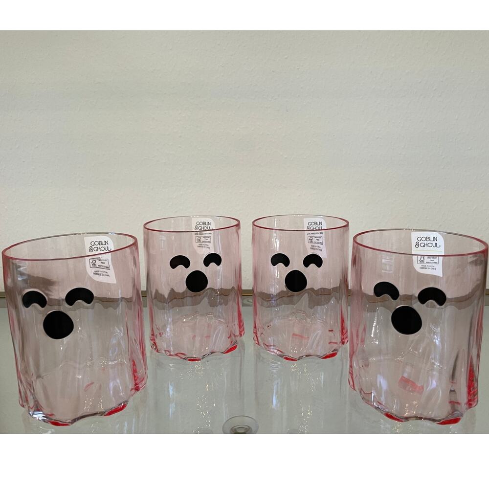 Goblin & Ghoul Set of 4 Pink Acrylic Halloween Ghost Tumblers 16oz Cups NEW